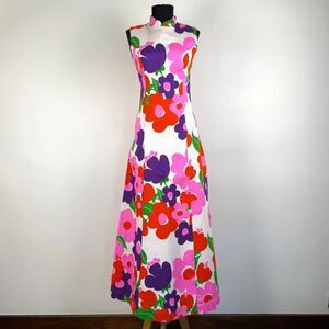 Vintage 60s Malia Honolulu Floral Maxi Dress Mod Hawaiian Barkcloth